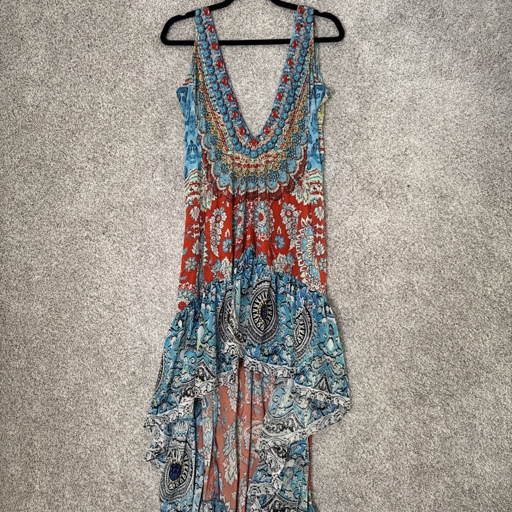 Blue & Rust Floral Maxi Dress with Deep V
